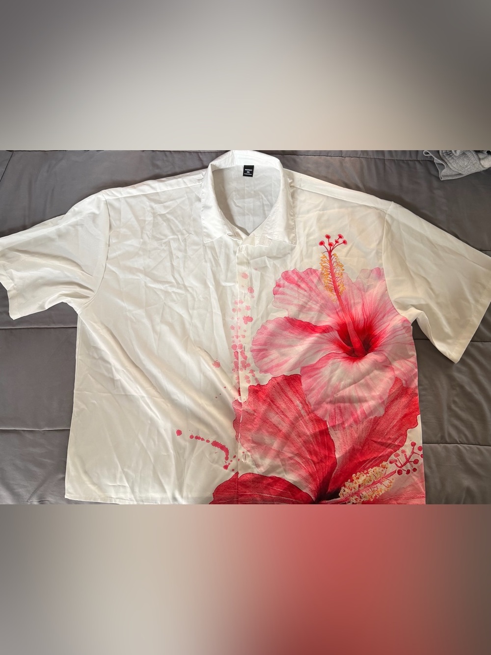 SHEIN White Button-Down Shirt with Pink Floral Hibiscus Print